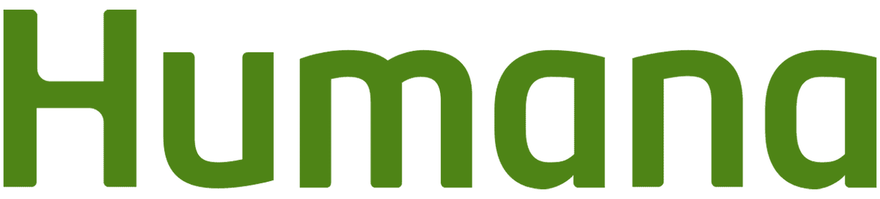 A green and white Humana logo is in the modern sans-serif typeface with rounded lines and pointed angles.