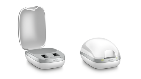 an opened and a closed white and silver charger for signia hearing aids