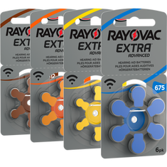 four packs of rayovac extra advanced hearing aid batteries with grey packaging