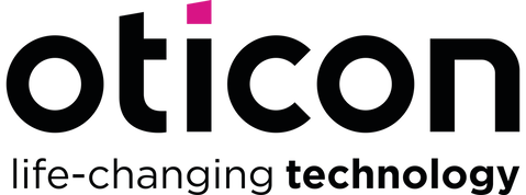 Oticon life-changing technology logo for hearing aids in black vector logo text and a hot pink dot over the letter i.