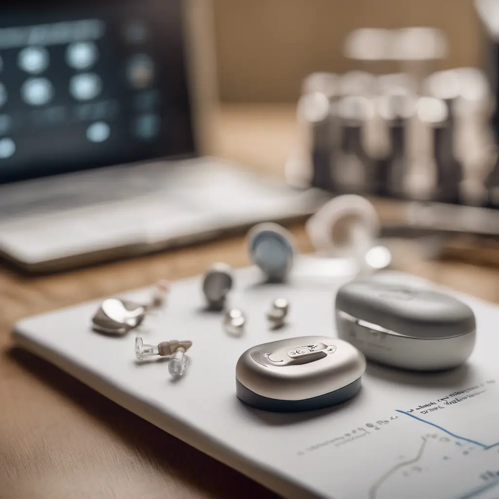 Hearing aids resting on a desk in front of a computer monitor
