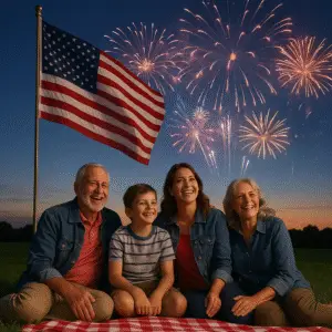 American flag waving on the 4th of July with fireworks in the sky and a happy multigenerational family celebrating together.