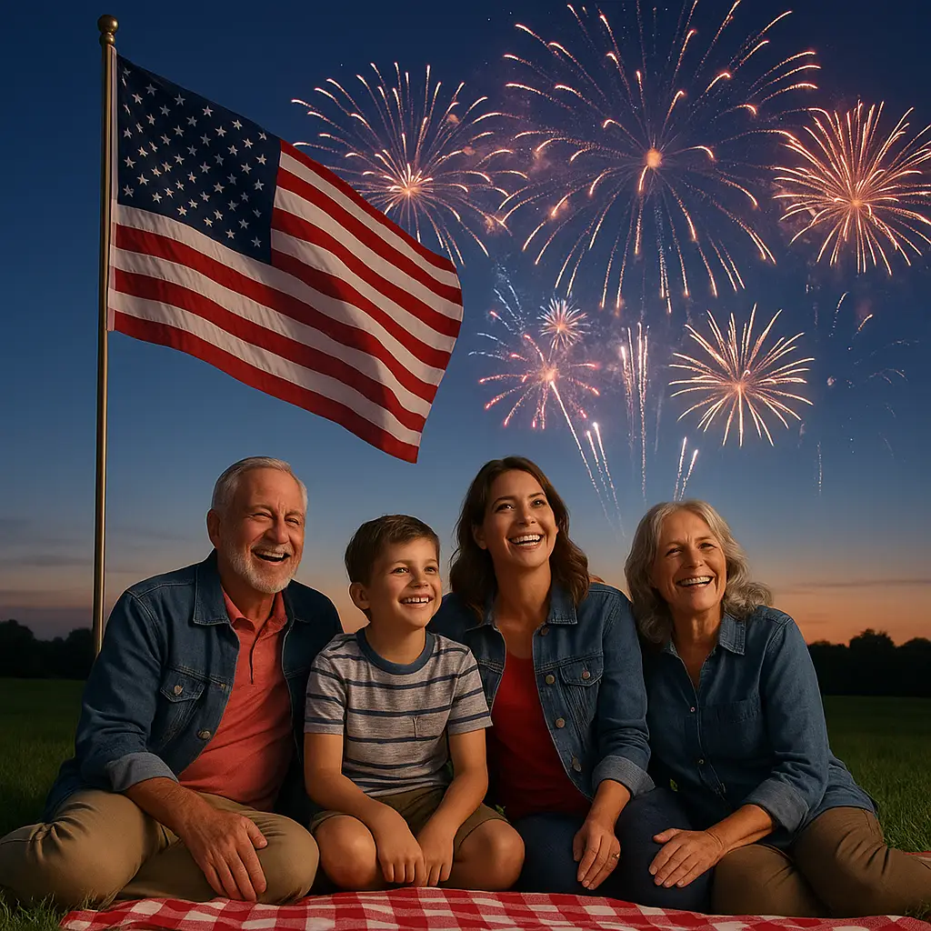 American flag waving on the 4th of July with fireworks in the sky and a happy multigenerational family celebrating together.