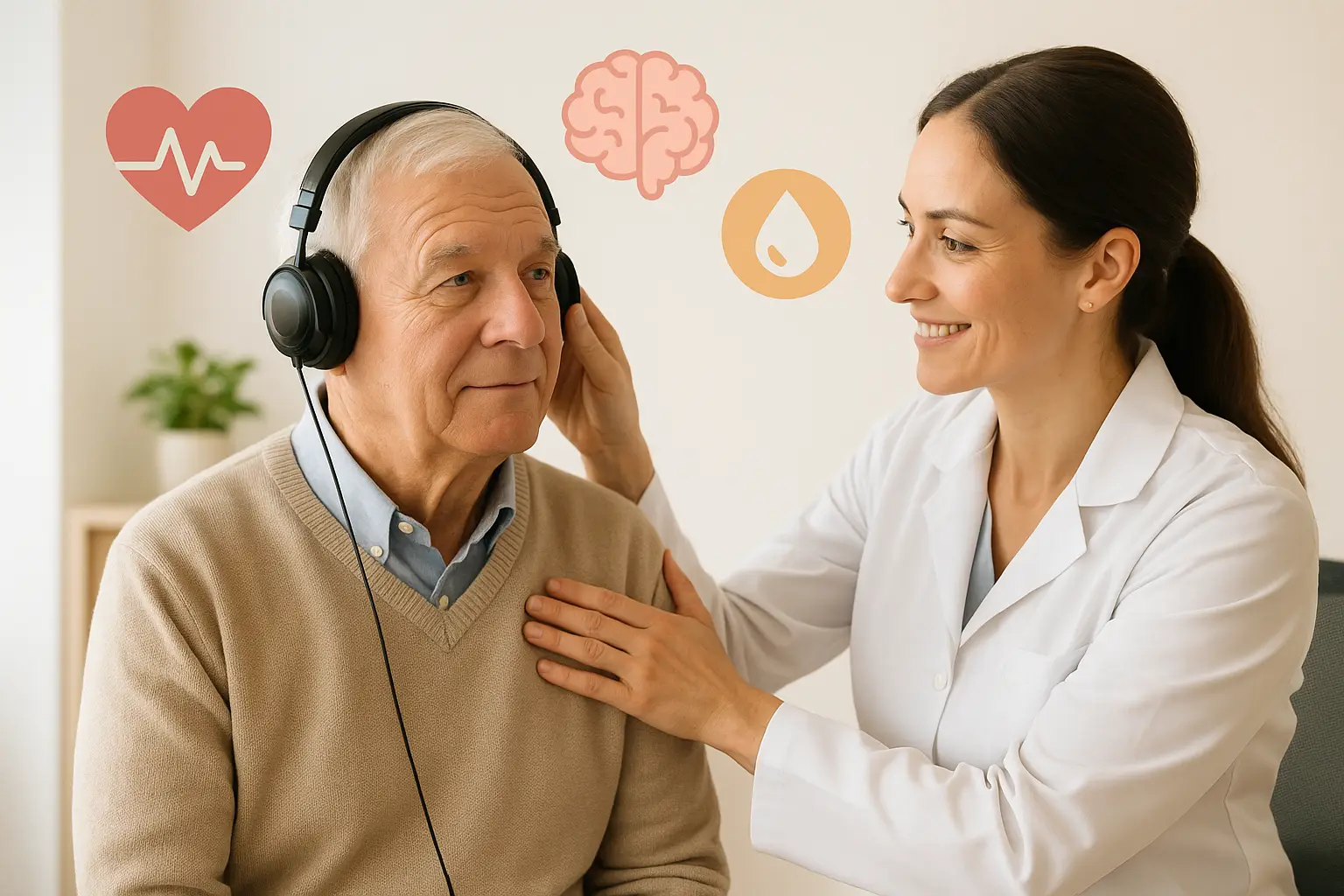 Older man receiving a hearing test from a female hearing care provider, with health icons symbolizing heart, brain, and diabetes—highlighting the connection between hearing loss and chronic health conditions.