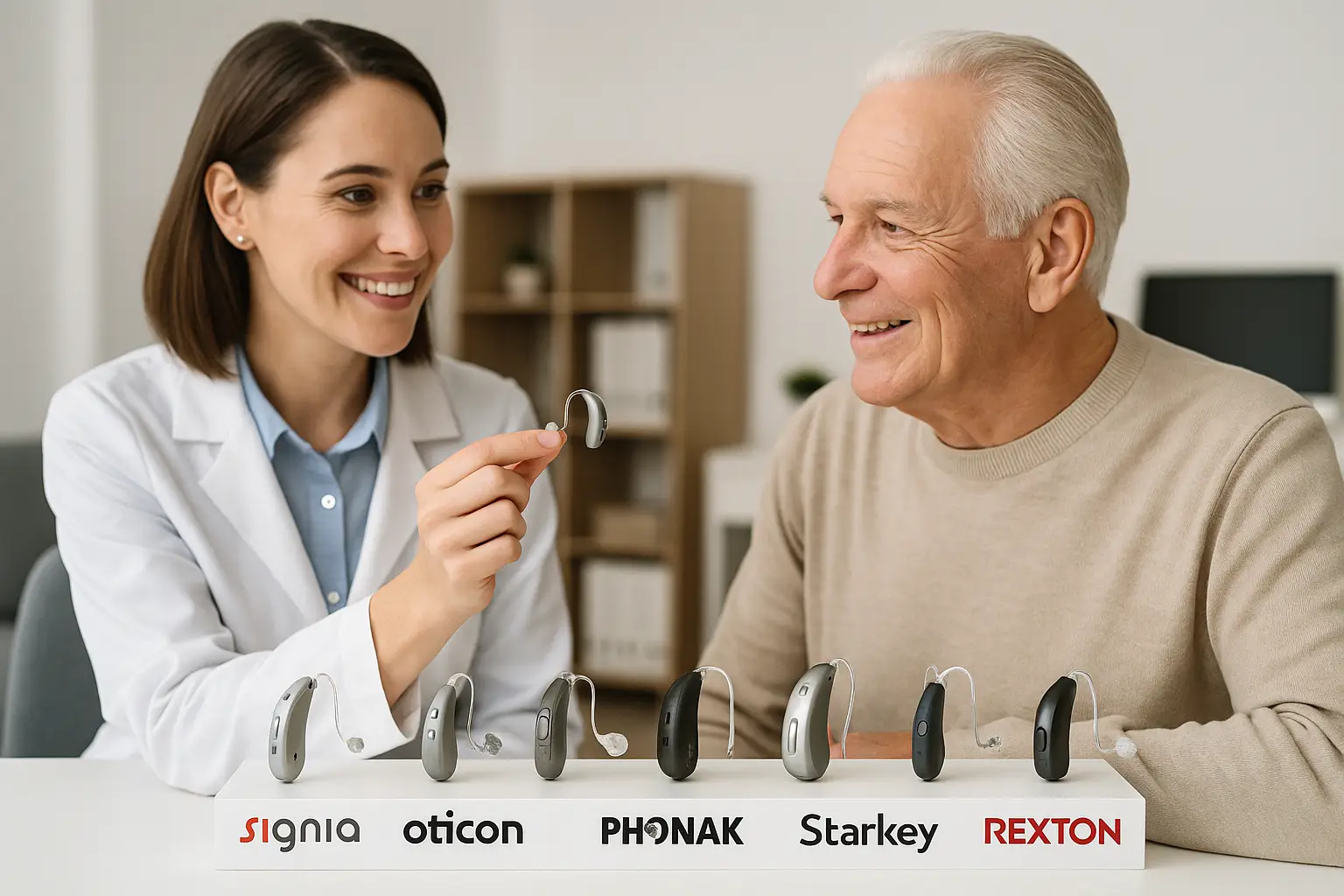 Hearing care provider helping a smiling older adult choose between top hearing aid brands: Signia, Oticon, Phonak, Starkey, and Rexton.