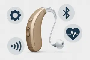 Modern digital hearing aid surrounded by icons for technology, Bluetooth, heart monitoring, and sound waves