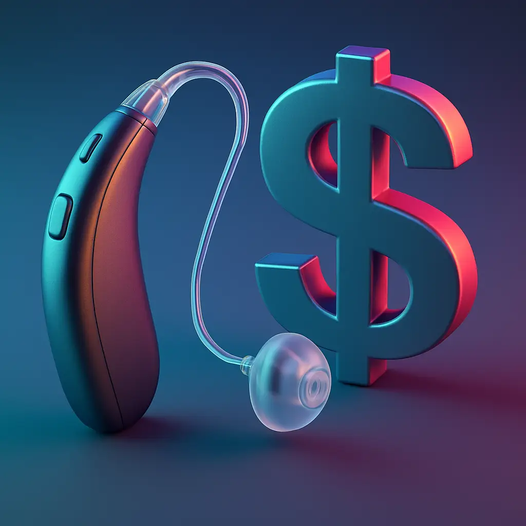 Modern digital hearing aid next to dollar sign symbolizing hearing aid costs, insurance, and financial options at Northumberland Hearing Center