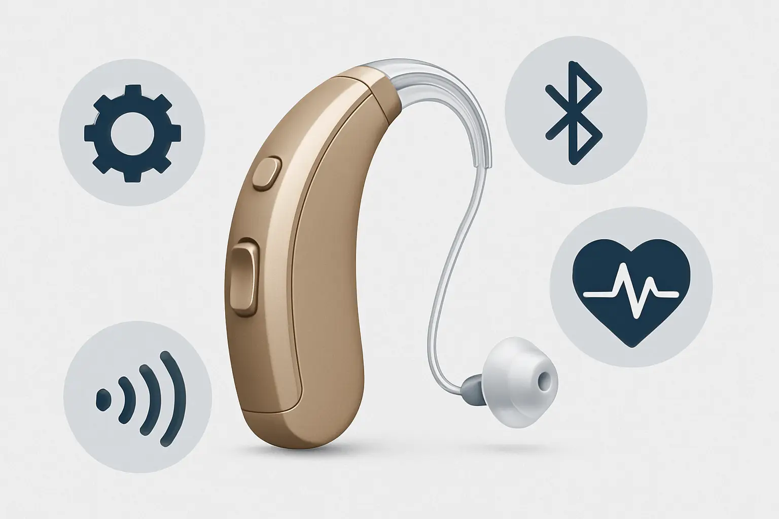 Modern digital hearing aid surrounded by icons for technology, Bluetooth, heart monitoring, and sound waves