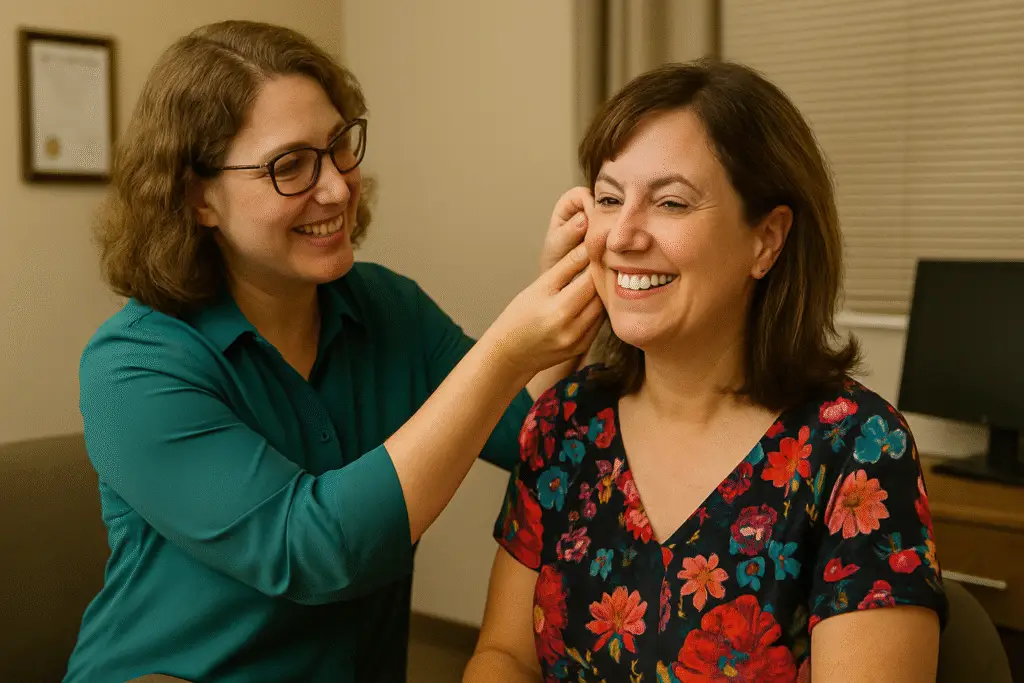 Local hearing care provider adjusting prescription hearing aids for a smiling middle-aged woman at Northumberland Hearing Center in Northumberland and Millersburg PA