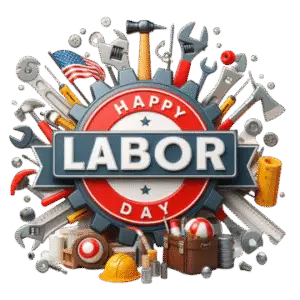 American flag and tools of many different trades, wishing Happy Labor Day