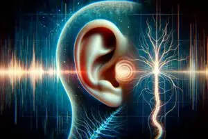 Digital illustration of the human ear with sound waves and nerve pathways, symbolizing tinnitus and how the brain processes ringing in the ears.