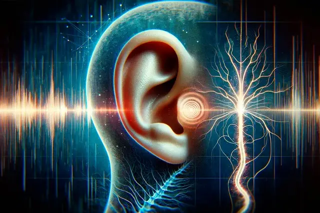 Digital illustration of the human ear with sound waves and nerve pathways, symbolizing tinnitus and how the brain processes ringing in the ears.