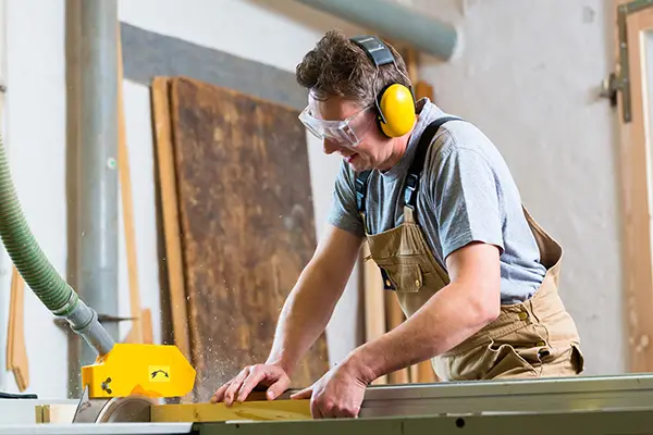 Man wearing earmuffs and safety glasses while operating woodworking equipment – protecting hearing from loud noise exposure to prevent hearing loss.