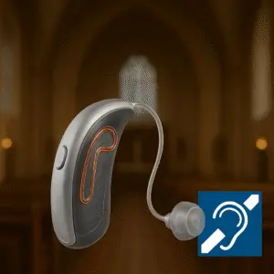 Modern prescription hearing aid with visible telecoil wire inside, set against background of church interior with discreet blue hearing loop symbol in corner – Northumberland PA hearing care.