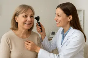 Hearing care provider performing ear exam during a hearing evaluation at Northumberland Hearing Center in Northumberland, PA.