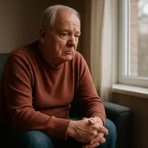 Senior man sitting alone at home, looking sad while staring out the window—illustrating the emotional impact of hearing loss and depression in seniors.
