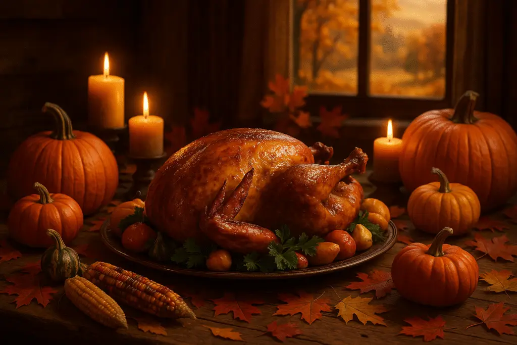 Thanksgiving dinner, turkey and fall decorations in a cozy dining room.