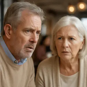 A realistic photo of an older couple sitting indoors, both looking confused and straining to hear during a conversation. The man has gray hair and a trimmed beard, and the woman has short white hair. Their expressions reflect difficulty hearing, a common early sign of hearing loss.