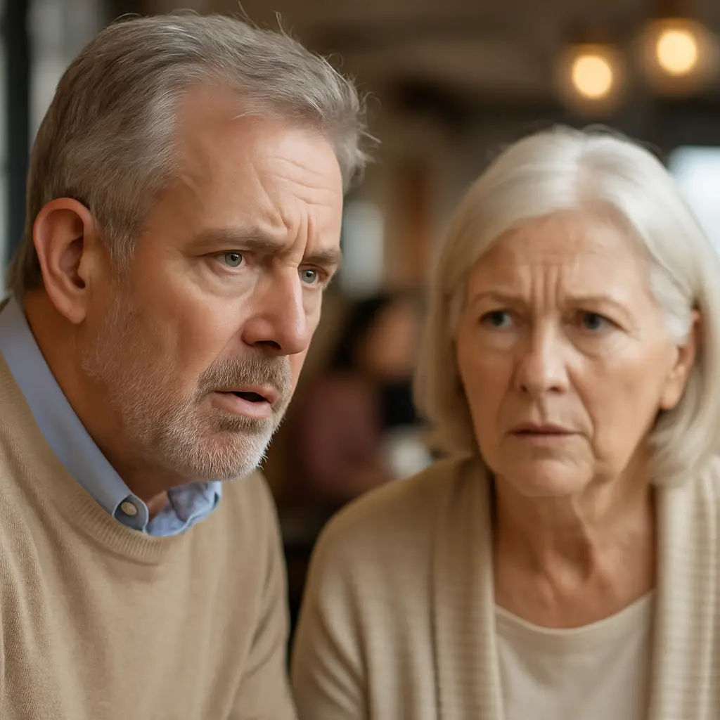 A realistic photo of an older couple sitting indoors, both looking confused and straining to hear during a conversation. The man has gray hair and a trimmed beard, and the woman has short white hair. Their expressions reflect difficulty hearing, a common early sign of hearing loss.