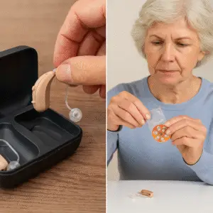 Comparison of rechargeable hearing aids in a charging case versus a woman attempting to open difficult child-proof hearing-aid battery packaging