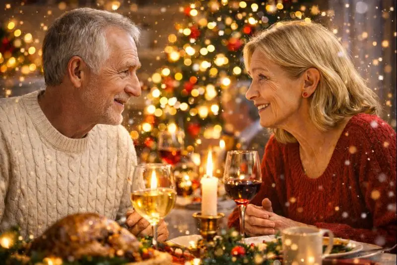 Older couple smiling and talking at a Christmas dinner table, showing clear family and loved ones communication during the holidays