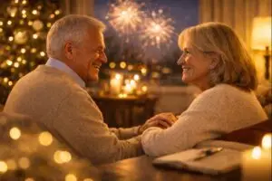 Elderly couple wearing hearing aids enjoying a quiet New Year’s Eve conversation at home