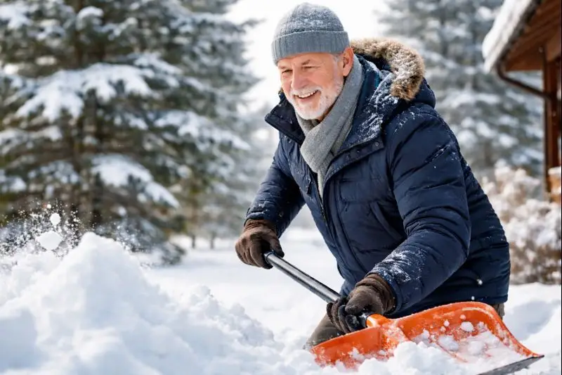 Older man shoveling snow on a bright winter day, dressed warmly—perfect example for winter hearing aid tips.