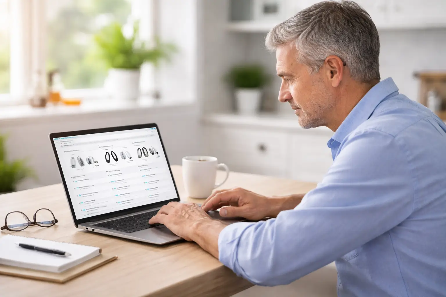Middle-aged man comparing top hearing aid brands and models on a laptop in a bright kitchen