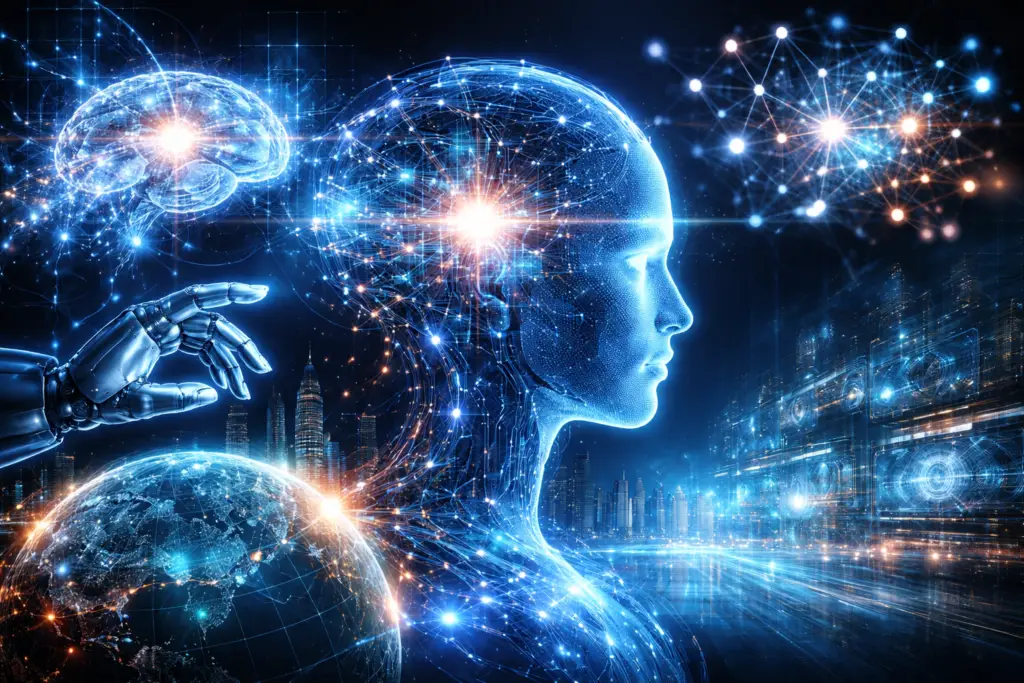 Futuristic AI visualization showing a digital human head with neural connections and smart technology graphics representing AI prescription hearing aids.