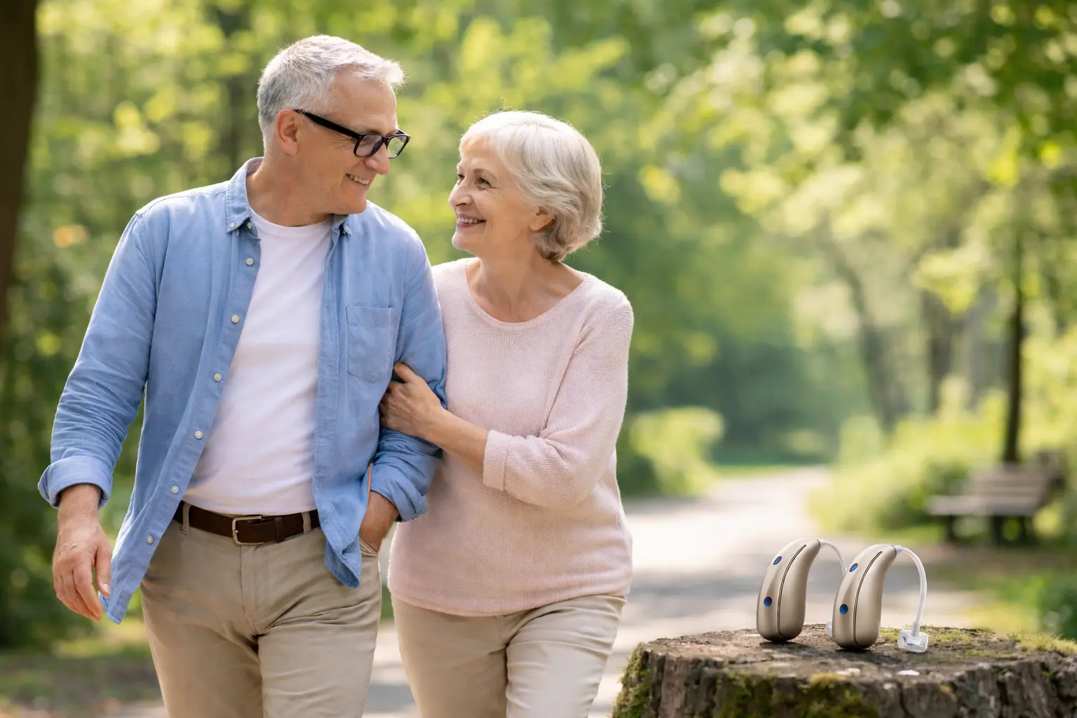 Older couple walking confidently with prescription hearing aids nearby for fall risk reduction