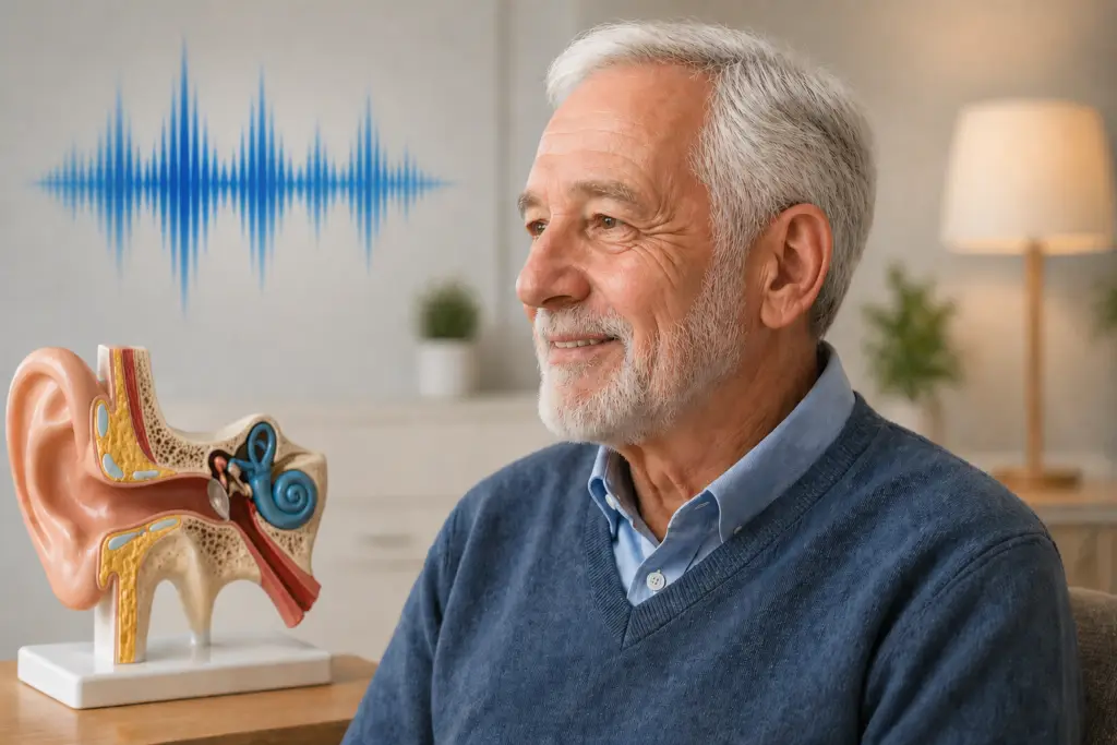 Older adult with mixed hearing loss concept and sound wave background in hearing clinic