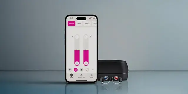 Oticon Zeal prescription hearing aids with smartphone app and charging case