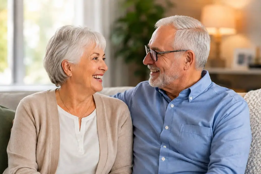 Senior couple smiling together during Better Hearing Month at home.