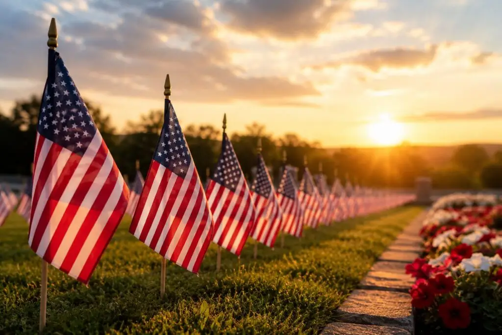 Rows of small American flags displayed at sunset for Memorial Day remembrance.