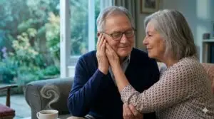 A senior man with glasses smiles peacefully with his eyes closed as his wife gently touches his face in a bright, calm living room, illustrating a moment of quiet relief from tinnitus.