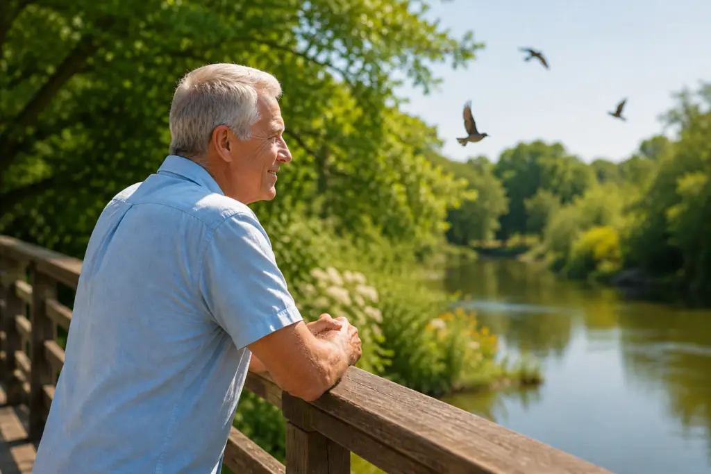 Older adult with Age-Related Hearing Loss enjoying bird watching from a bridge on a sunny summer day.