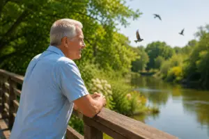 Older adult with Age-Related Hearing Loss enjoying bird watching from a bridge on a sunny summer day.