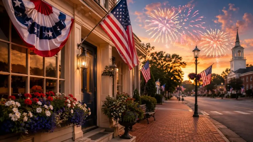 Patriotic small-town Fourth of July scene with American flags and fireworks for Northumberland Hearing Center