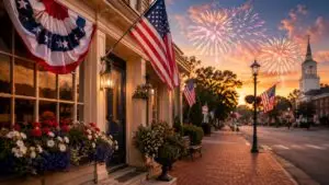 Patriotic small-town Fourth of July scene with American flags and fireworks for Northumberland Hearing Center