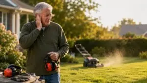 Older man covering his ear near a loud lawn mower without words on the image