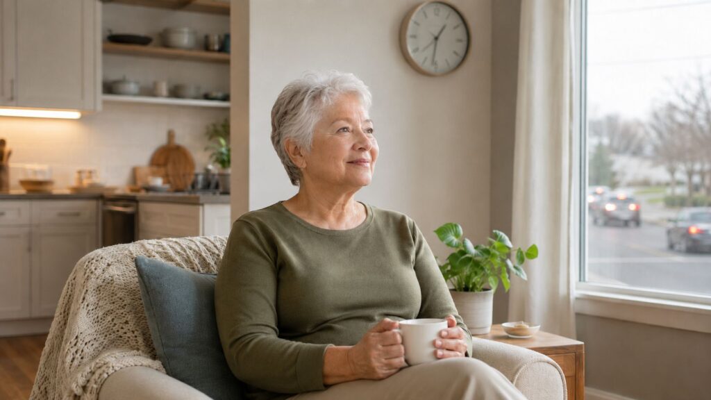 Sound sensitivity and anxiety relief for an older woman relaxing comfortably at home