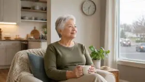 Sound sensitivity and anxiety relief for an older woman relaxing comfortably at home