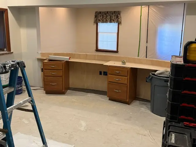 Reception area desks under construction