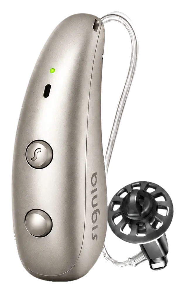 Signia Pure Charge&Go Max rechargeable behind-the-ear prescription hearing aid in champagne with clear tube and dome